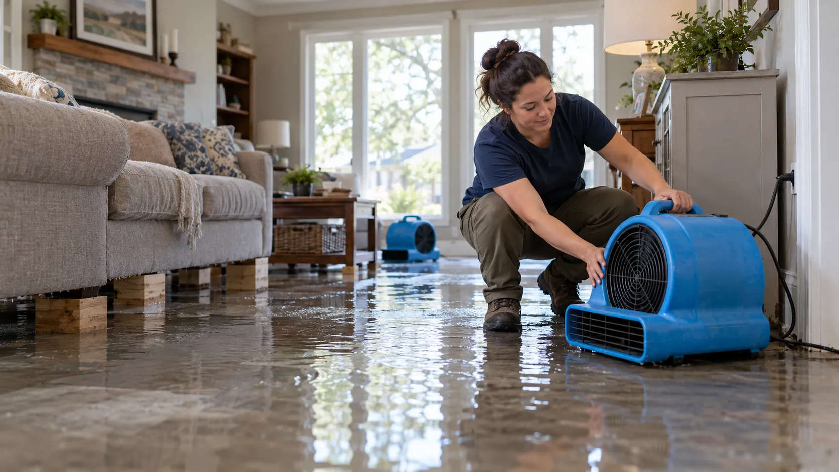 Water damage restoration technician drying a flooded living room in Los Angeles